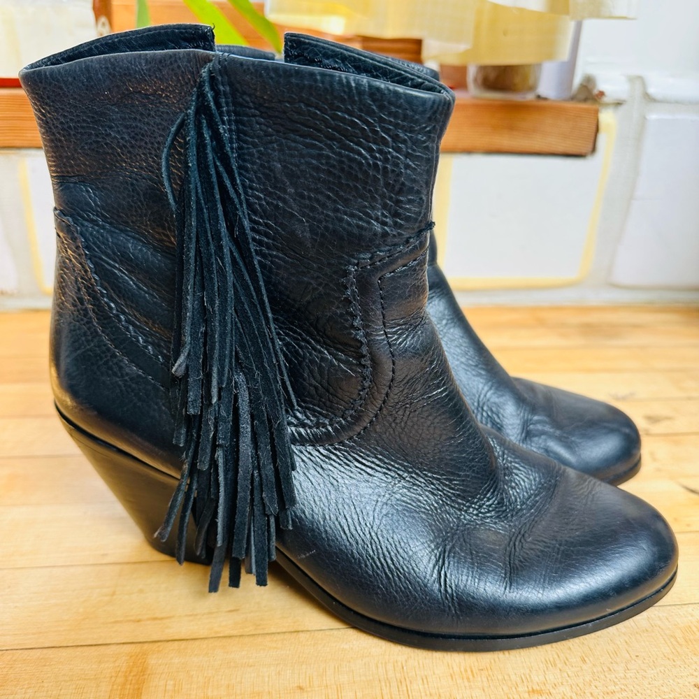 Black Leather Ankle Boots with Fringe